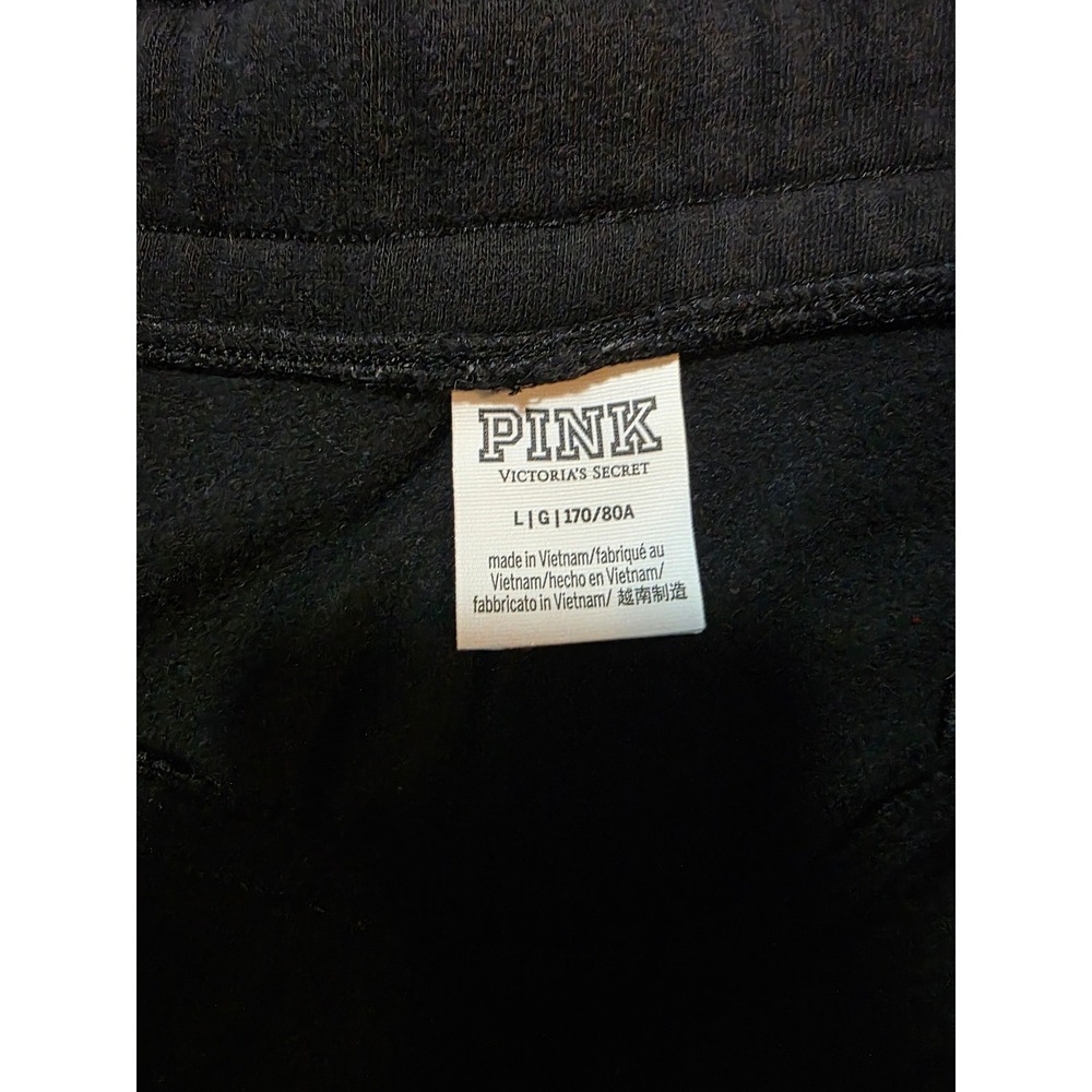 Victorias Secret PINK Joggers Black Fleece Sweatpants White Logo Graphic Large - Picture 2 of 3